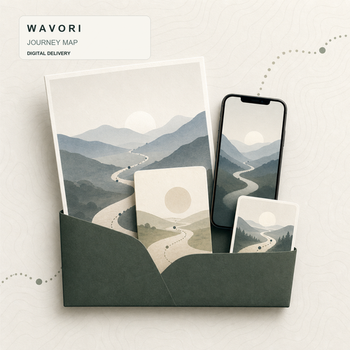 WAVORI Journey Map digital delivery package showing print-ready artwork, story card, phone wallpaper, and sharing image. Example package image, not the final personalized artwork.