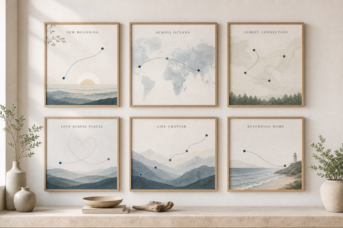 Six illustrative WAVORI Journey Map story directions shown as framed concept artworks; examples only, not fixed templates.